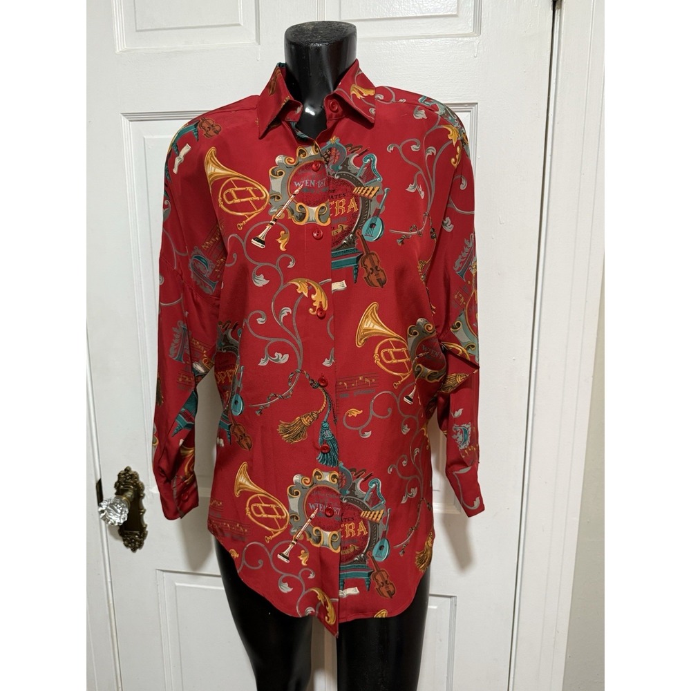 Vintage Teachercore Music 1980s Button Up Shirt Size 4 100% Silk Long Sleeve Fun